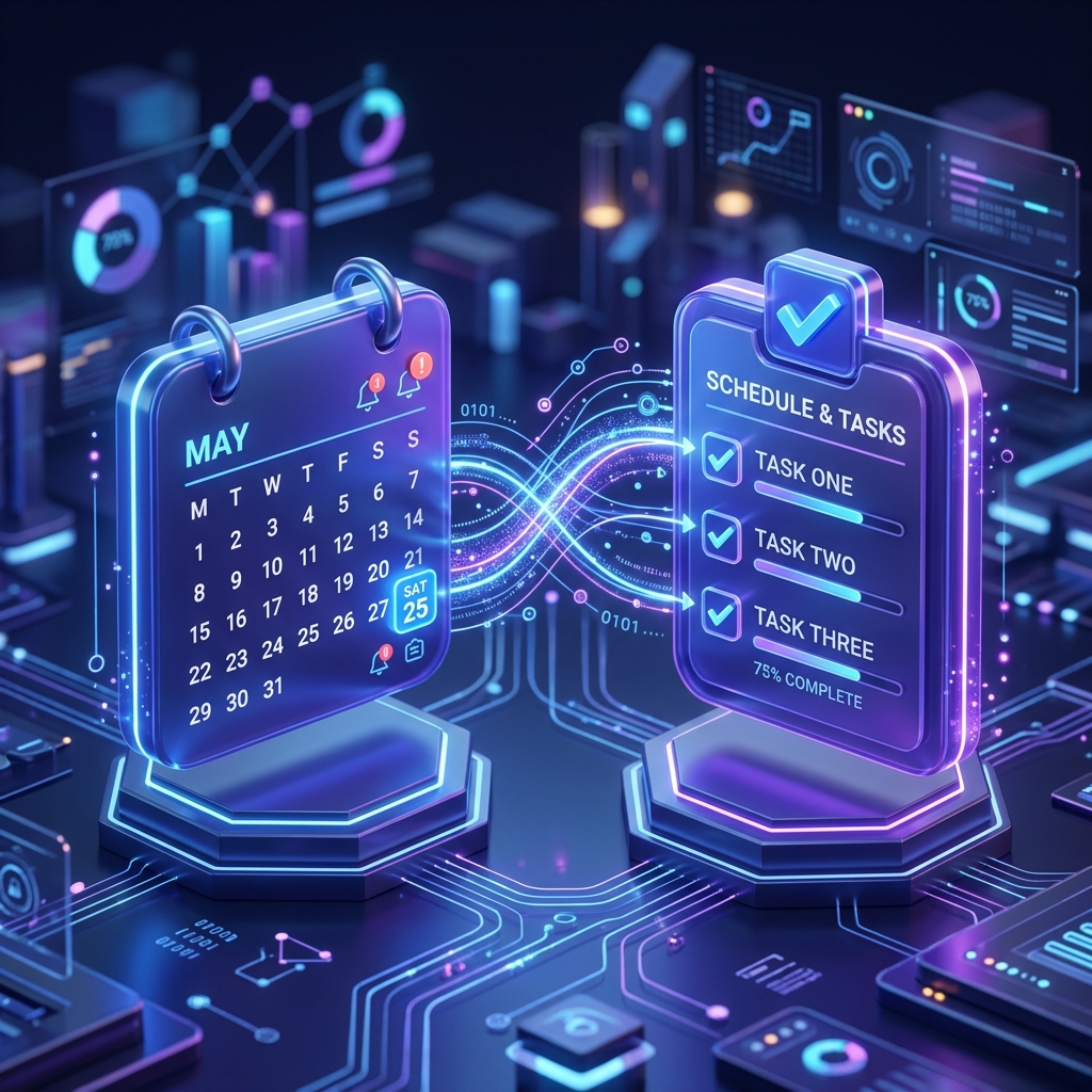 Illustration of a calendar icon connected to a checklist icon, symbolizing turning email and calendar into action items