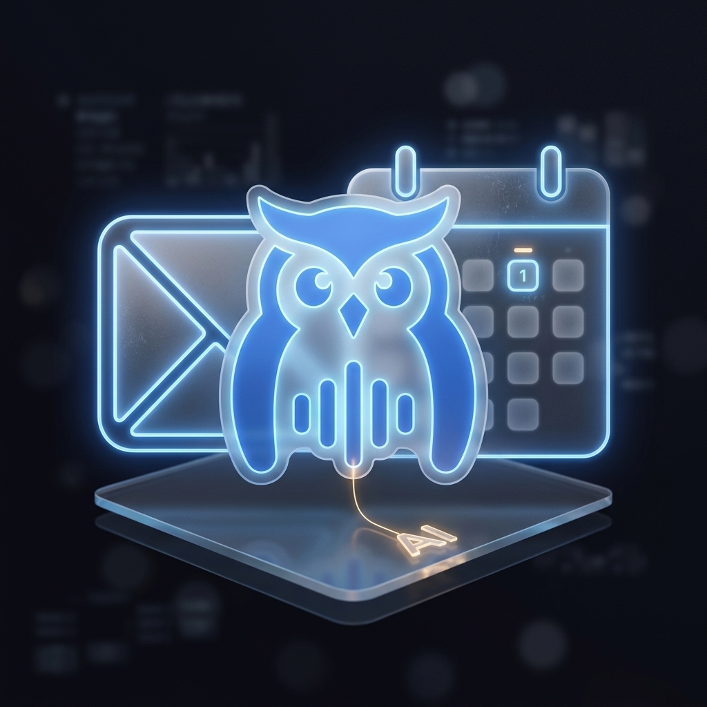 Owlfy owl mark in front of an envelope and calendar icon, symbolizing an AI calendar and email assistant