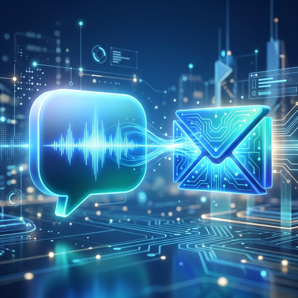 Illustration of a speech bubble with a waveform icon flowing into a written letter, symbolizing drafting email by voice