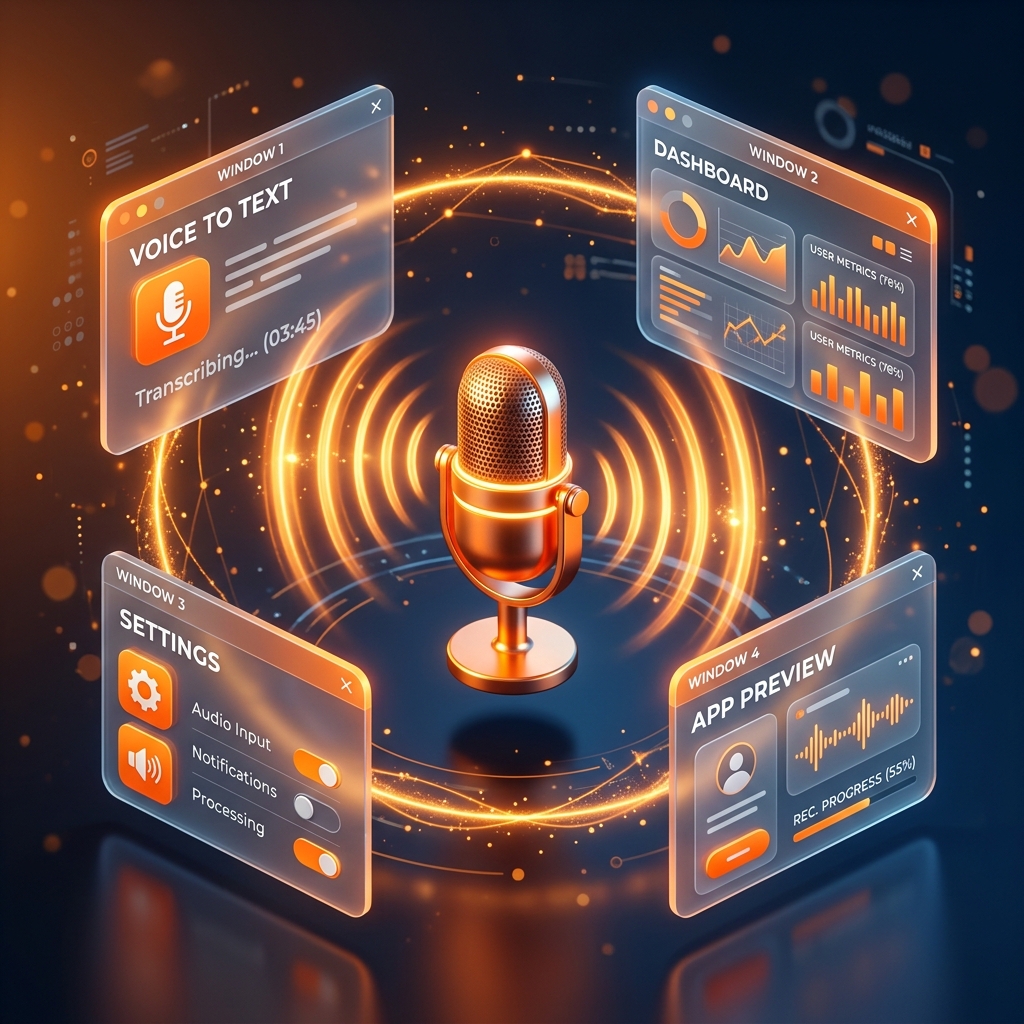 Illustration of a microphone icon with sound waves reaching four generic app windows, symbolizing recording meetings across any app