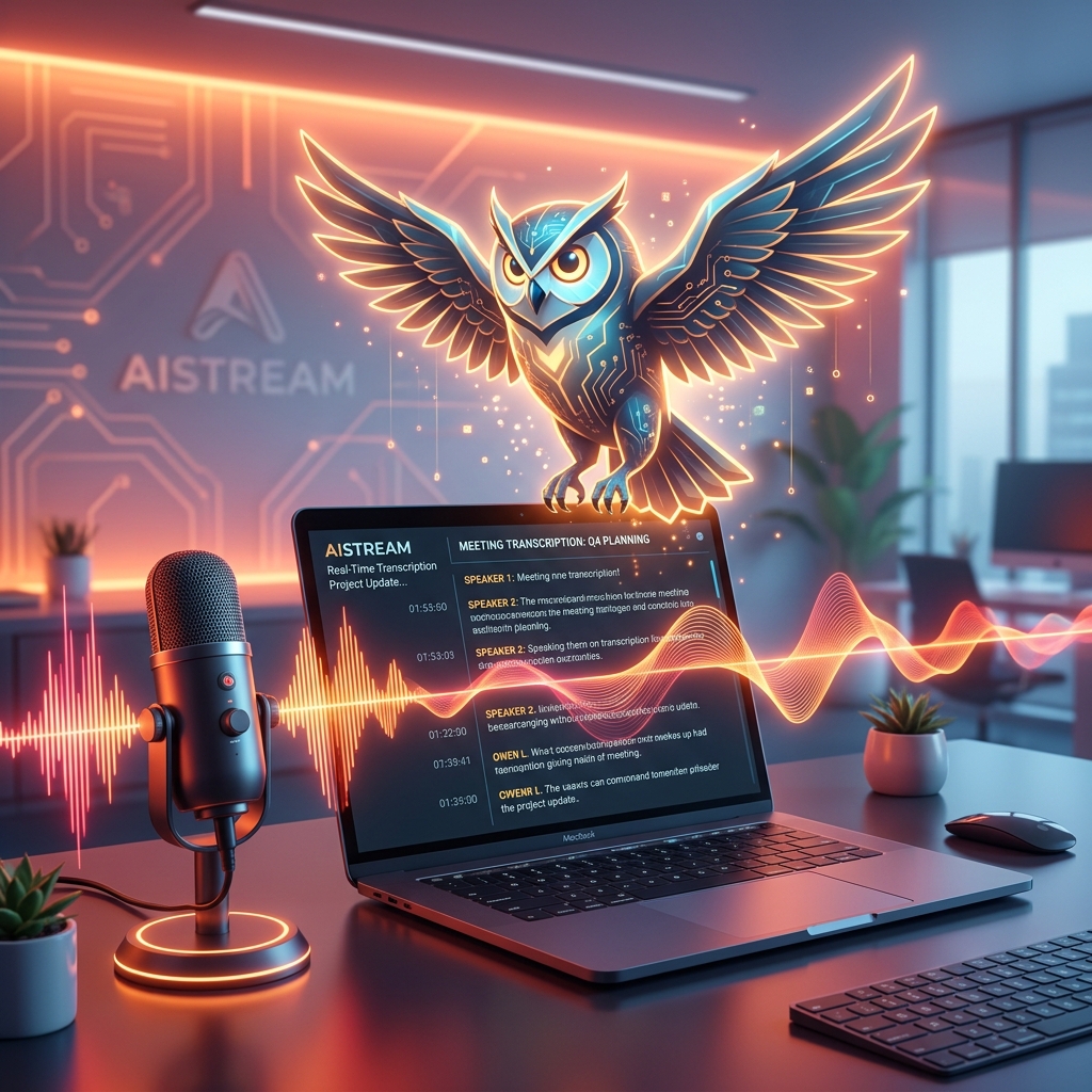 Owlfy owl mark in front of a laptop screen with a microphone and waveform icon, symbolizing AI meeting recording