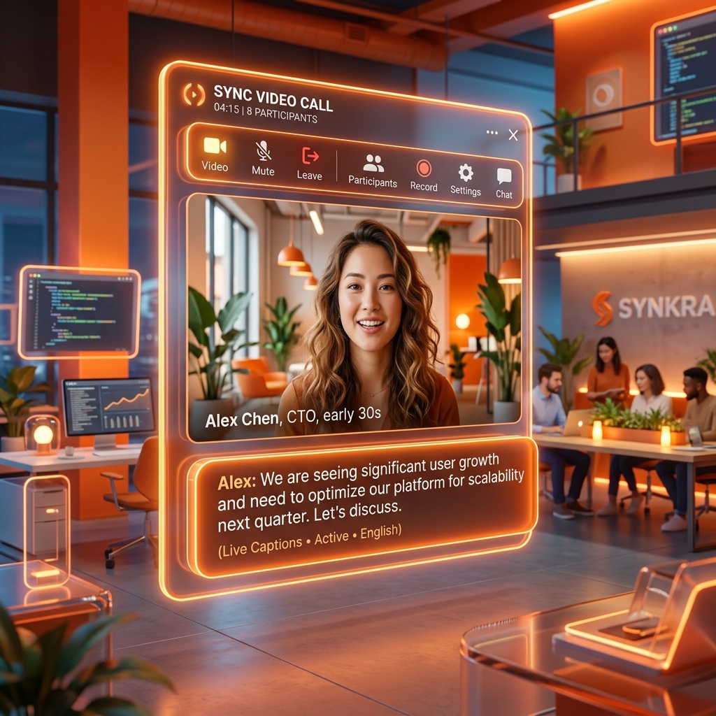 Illustration of a video-call window with a live subtitle caption bar beneath it, symbolizing real-time meeting transcripts