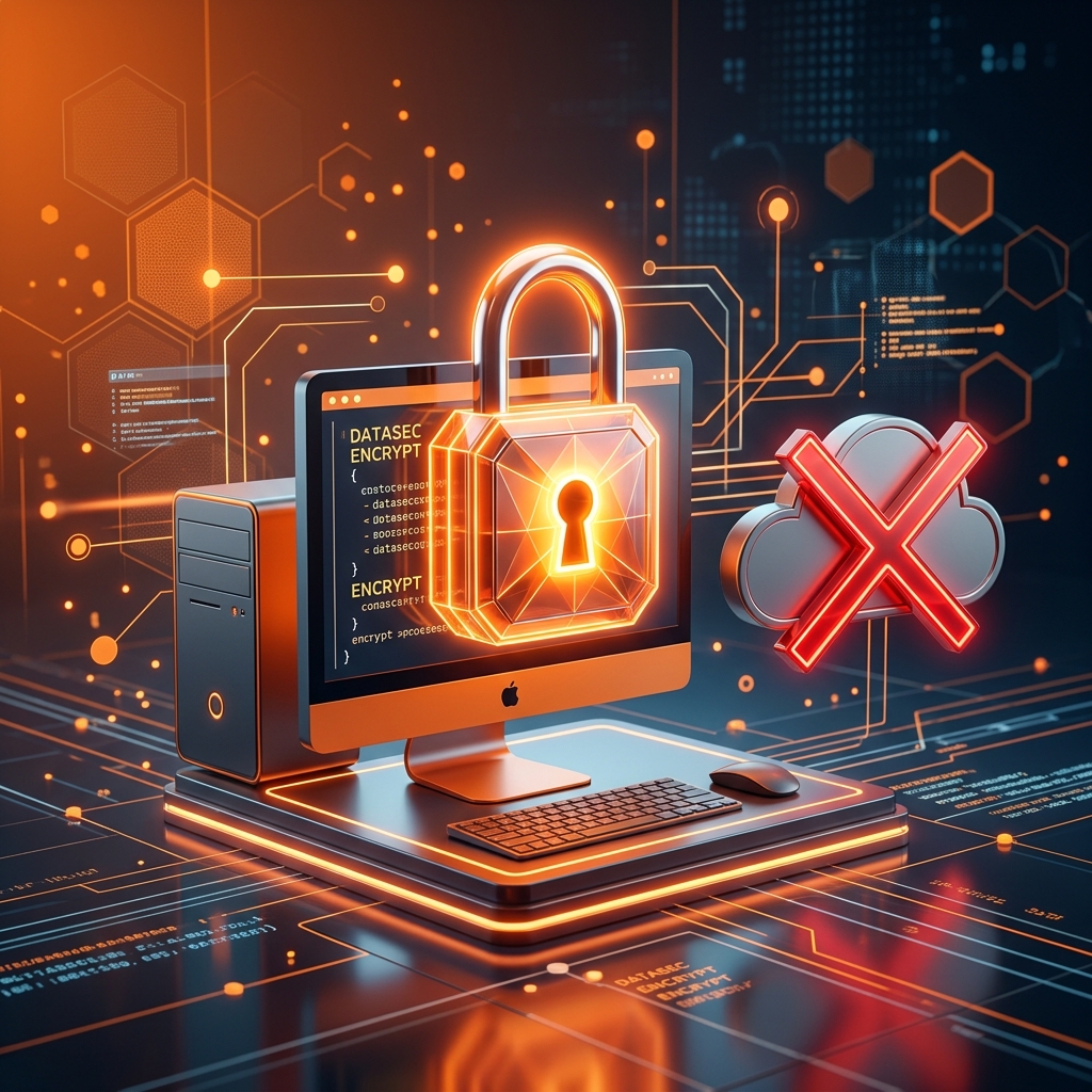Illustration of a padlock over a desktop computer icon beside a crossed-out cloud, symbolizing local storage of meeting notes