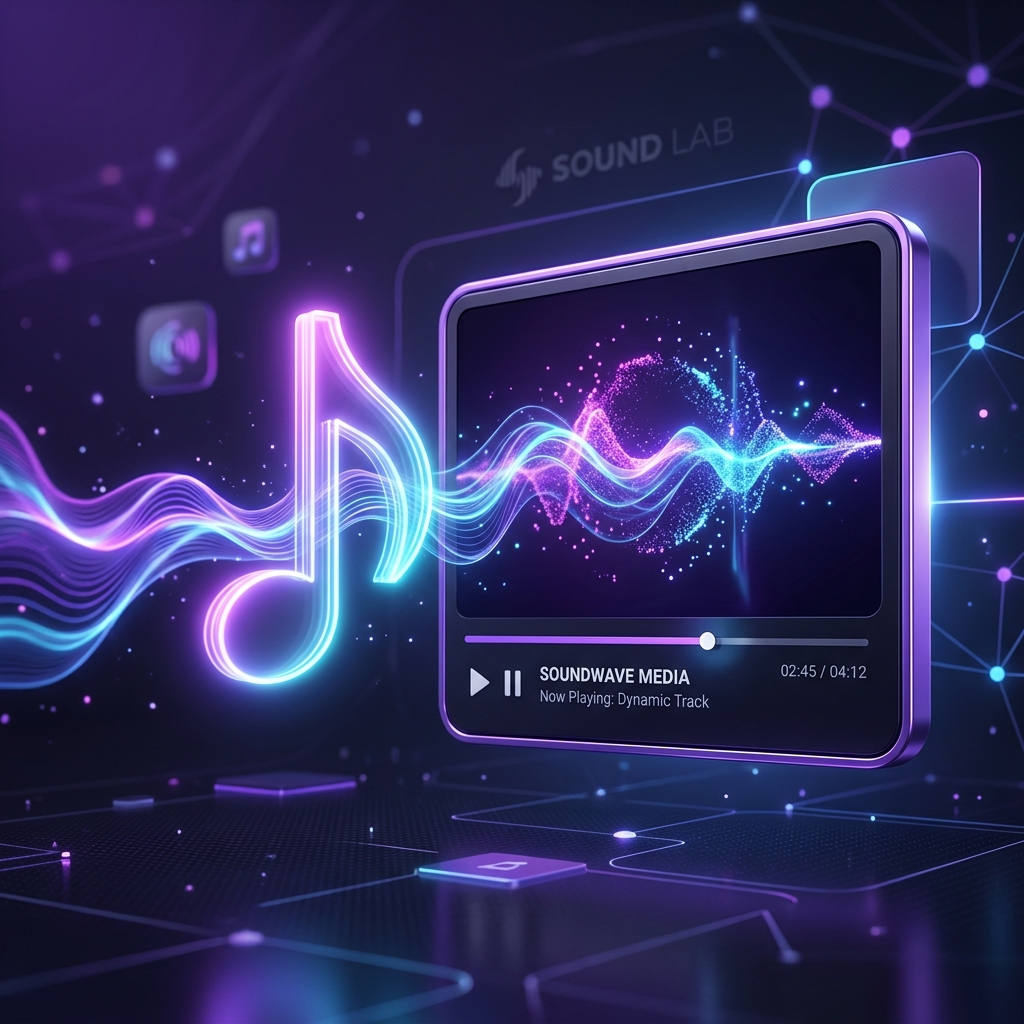 Illustration of a musical note and waveform icon flowing into a video frame, symbolizing adding music and audio to video