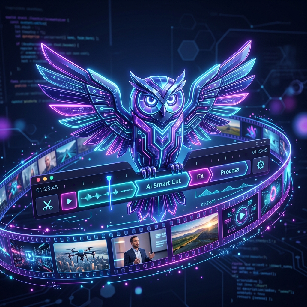 Owlfy owl mark in front of a video-editing timeline strip, symbolizing multimedia editing by voice