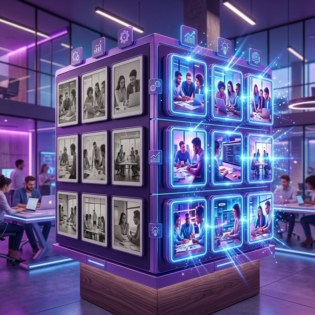 Illustration of a grid of photos, half dull and half enhanced in blue, symbolizing batch photo enhancement