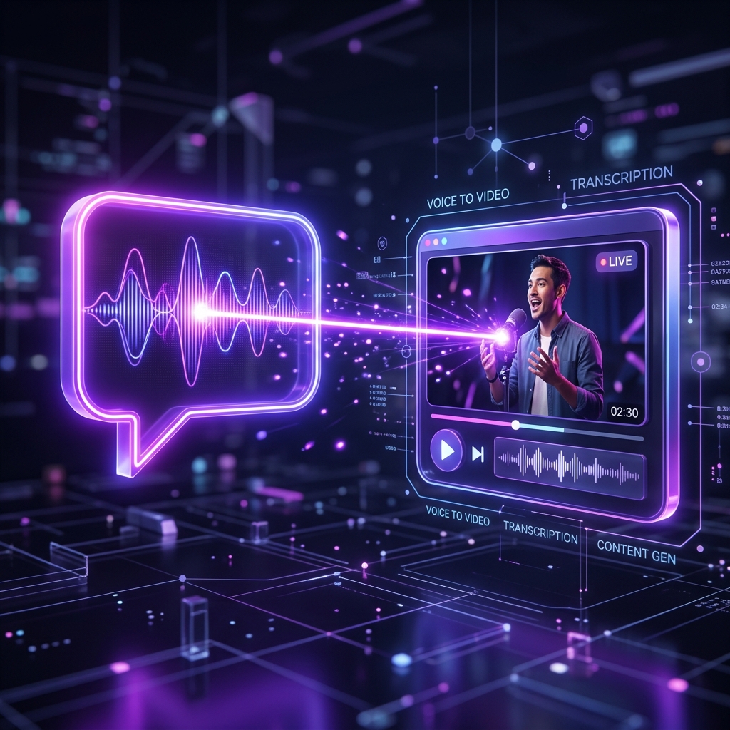 Illustration of a speech bubble with a waveform icon connected by an arrow to a finished video frame, symbolizing voice-controlled video editing