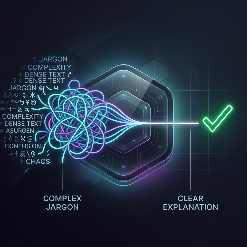 Illustration of a tangled knot of lines transforming into a single clean line with a checkmark, symbolizing simplifying complex text
