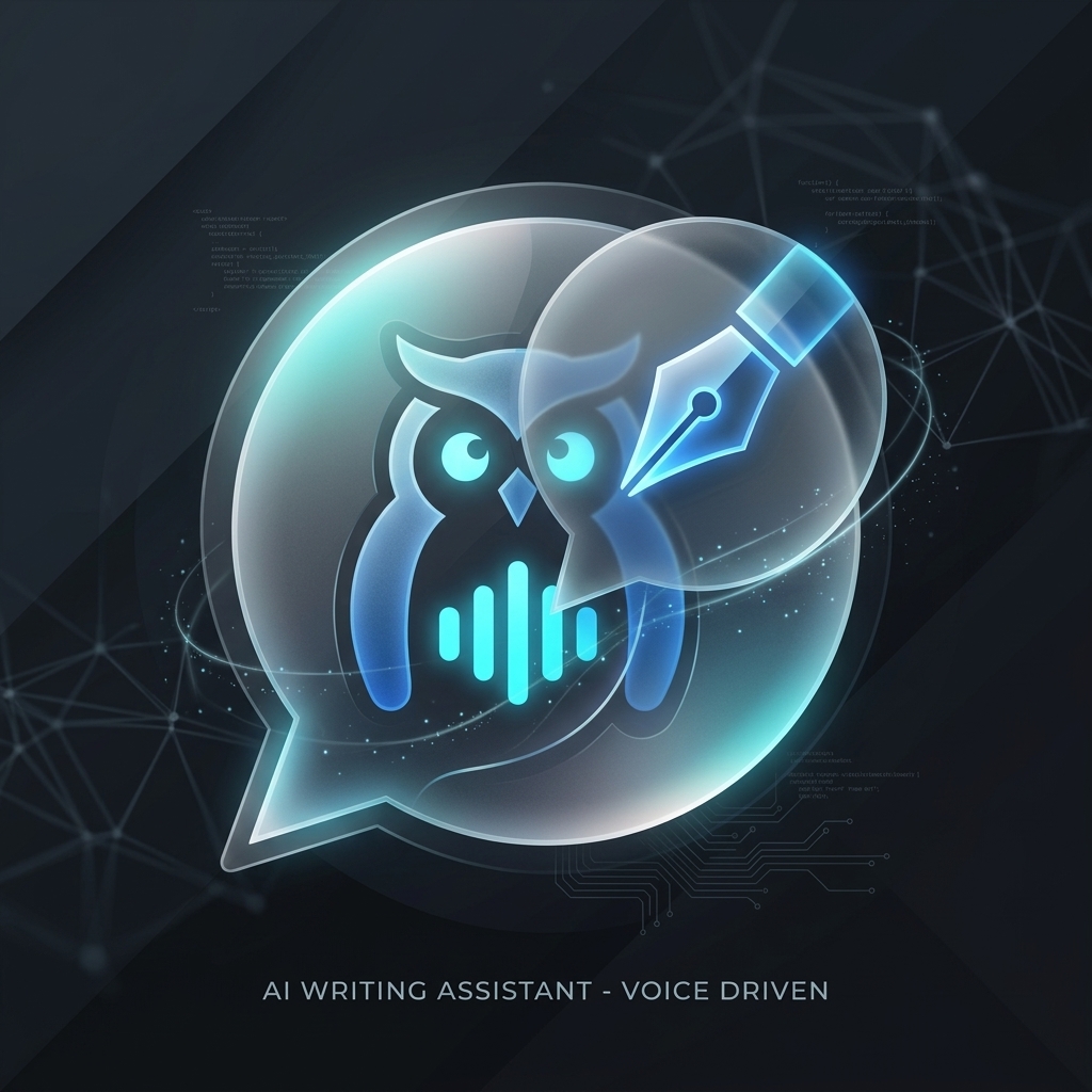 Owlfy owl mark in front of a speech bubble containing a pen-nib icon, symbolizing an AI writing assistant driven by voice