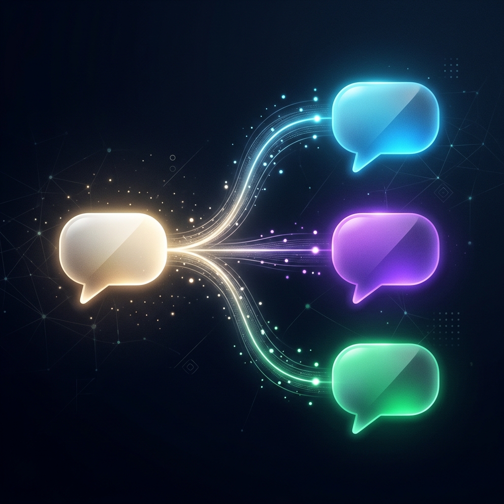 Illustration of one speech bubble splitting into three differently tinted speech bubbles, symbolizing style translation