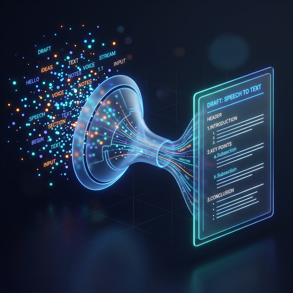 Illustration of a scattered cloud of dots flowing through a funnel into a clean document, symbolizing voice dictation becoming a structured draft